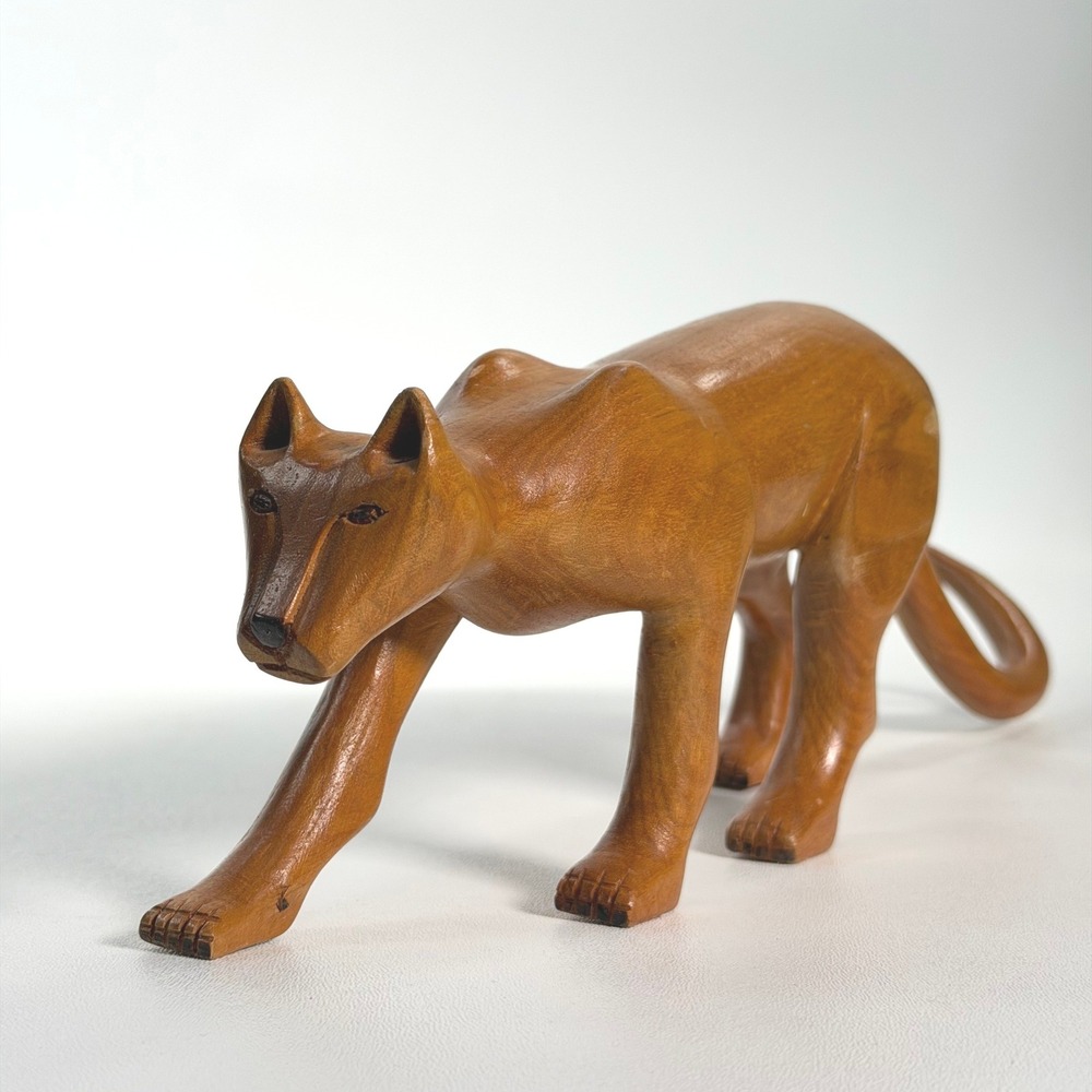 Vintage Hand Carved Wooden Cougar Figurine 12" Mid-Century Modern‎ Signed DM